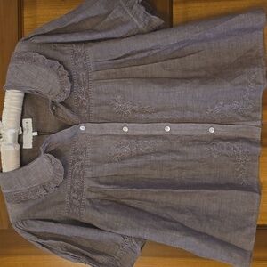 Brownish Gray Oragnic  Embroidered Button-Up Blouse